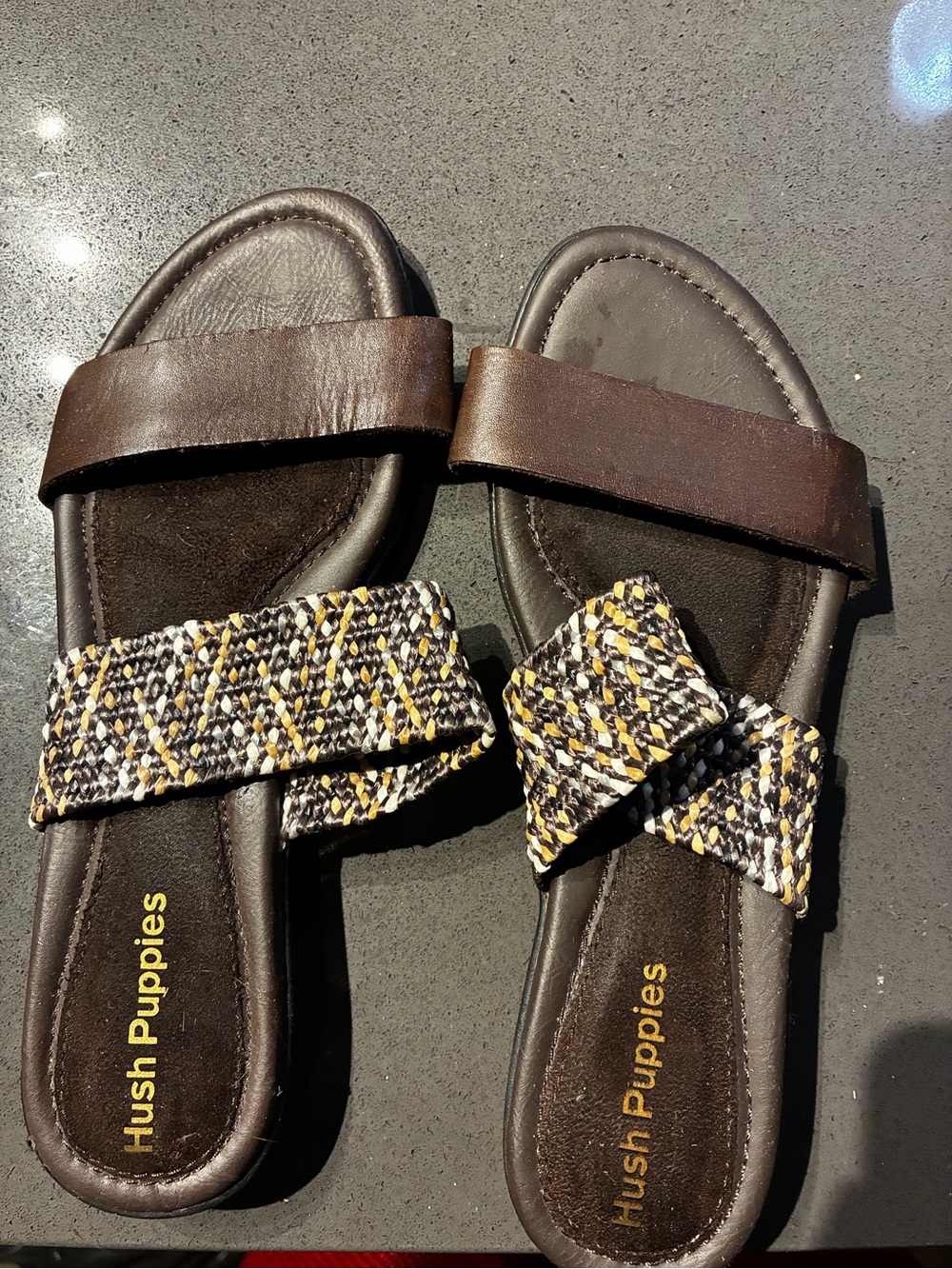 Hush Puppies Women's Brown Slide Sandals with Woven Black, White & Yellow Accent